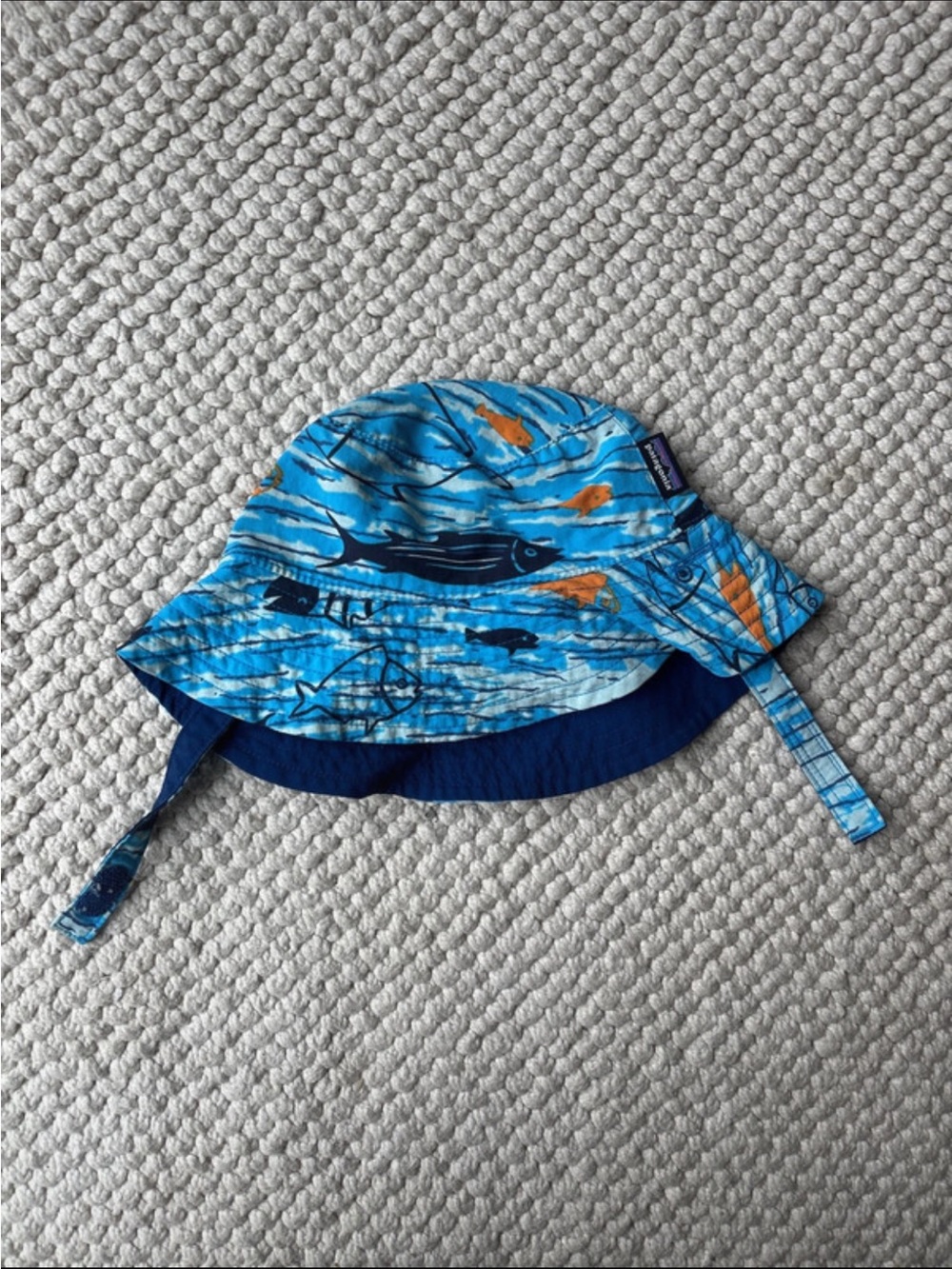 Patagonia Kids Blue Ocean Fish Print Sun Hat with Orange Accents